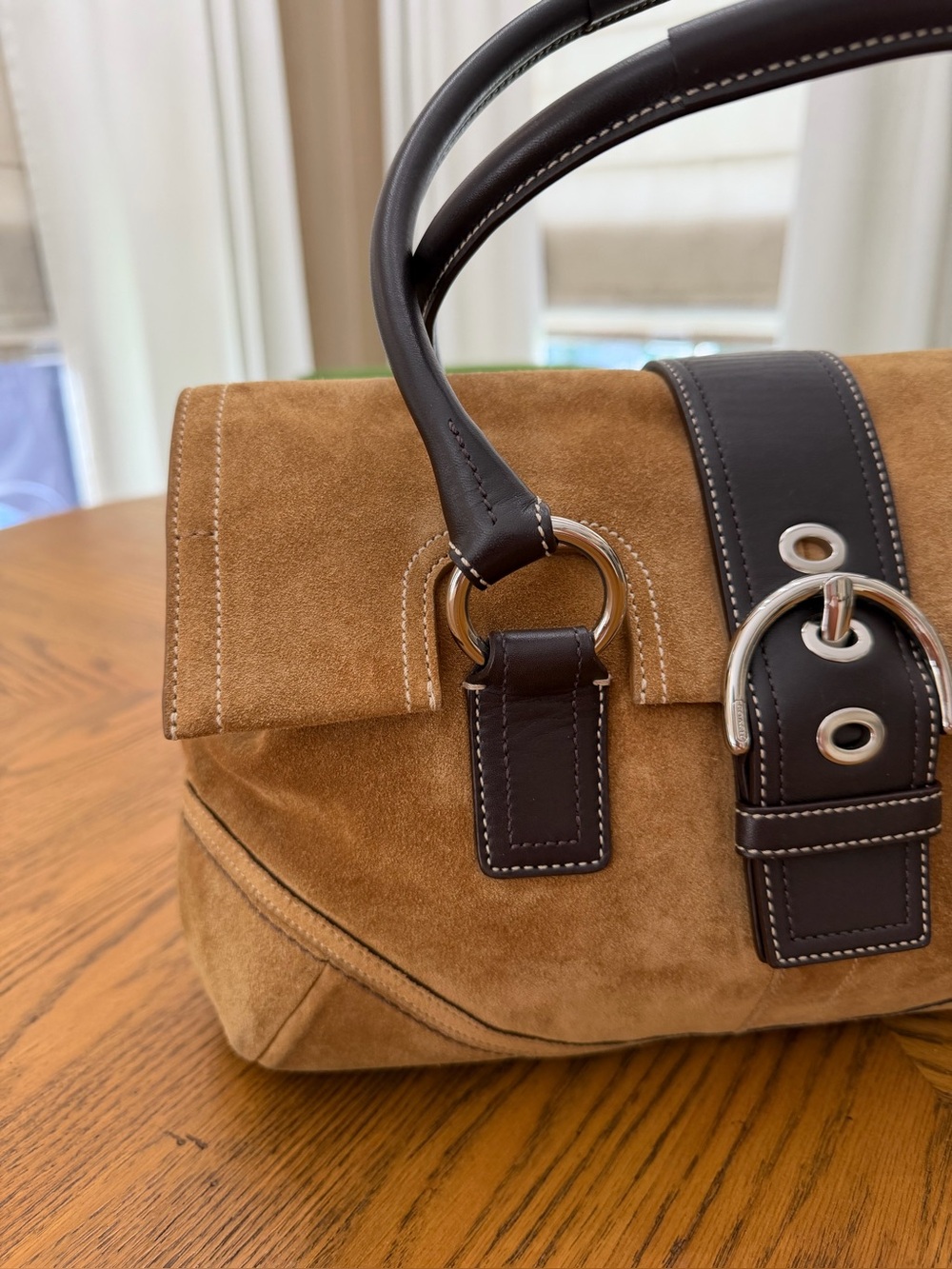 Coach Suede SoHo Flap Satchel Handbag in Caramel Brown - Picture 13 of 16